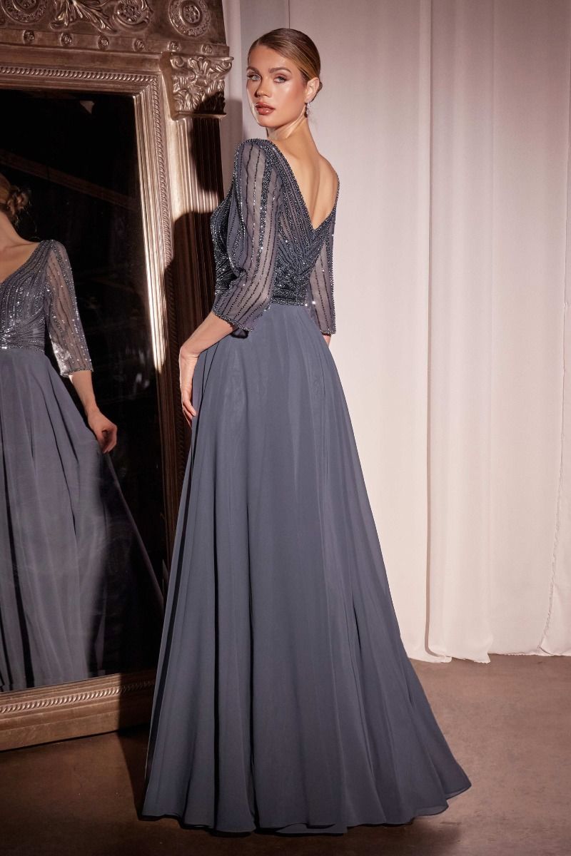 Cinderella Divine -CC446 A-Line Deep V-Neck Chiffon Gown