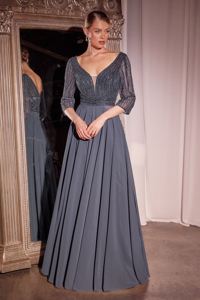 Cinderella Divine -CC446 A-Line Deep V-Neck Chiffon Gown