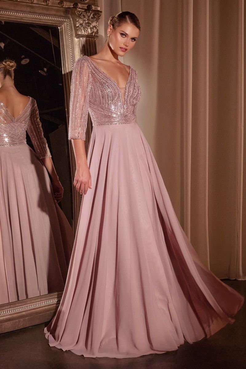 Cinderella Divine -CC446 A-Line Deep V-Neck Chiffon Gown
