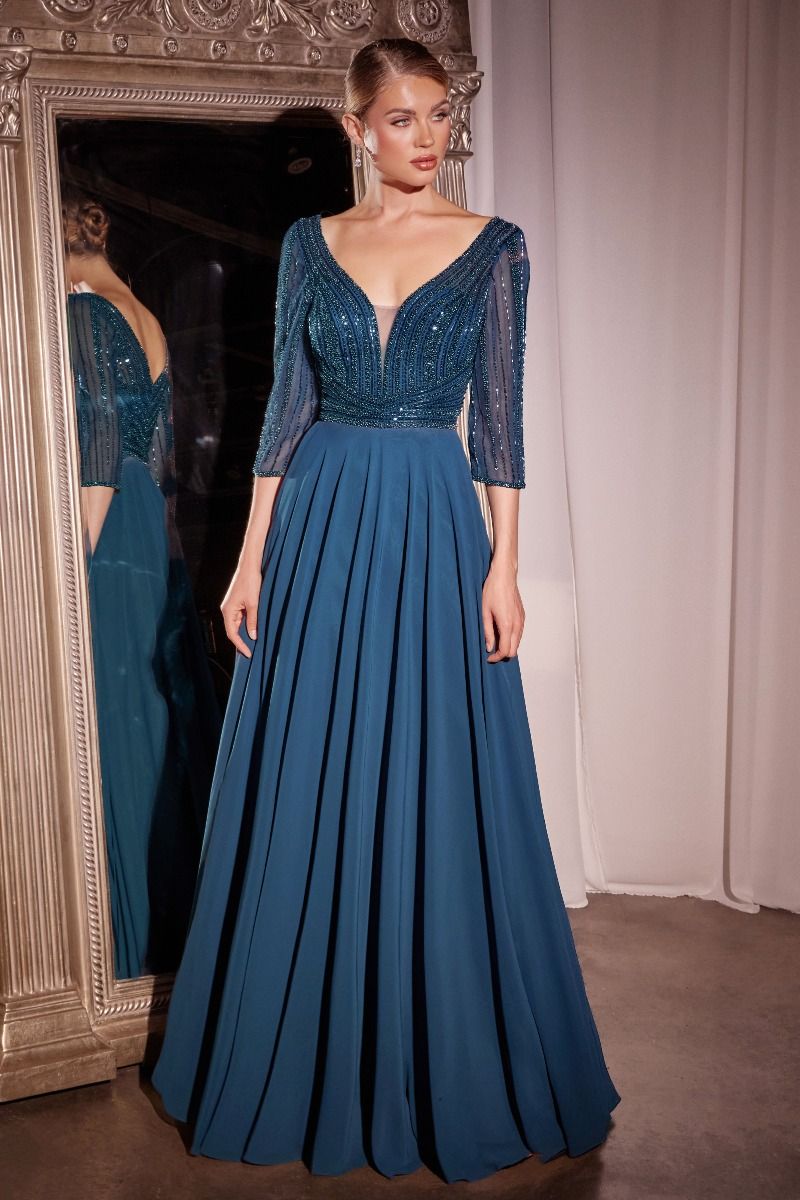 Cinderella Divine -CC446 A-Line Deep V-Neck Chiffon Gown