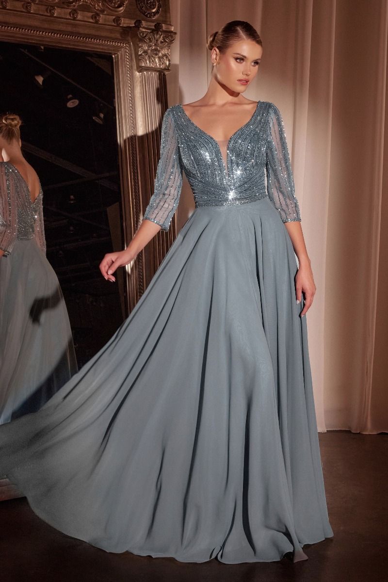 Cinderella Divine -CC446 A-Line Deep V-Neck Chiffon Gown