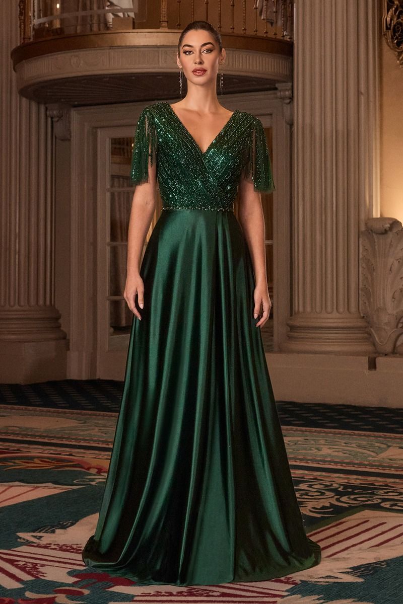 Cinderella Divine -CC447 Sleeve Satin A-Line Formal Gown