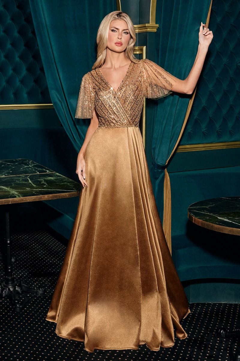 Cinderella Divine -CC447 Sleeve Satin A-Line Formal Gown
