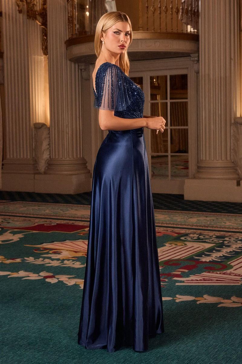 Cinderella Divine -CC447 Sleeve Satin A-Line Formal Gown