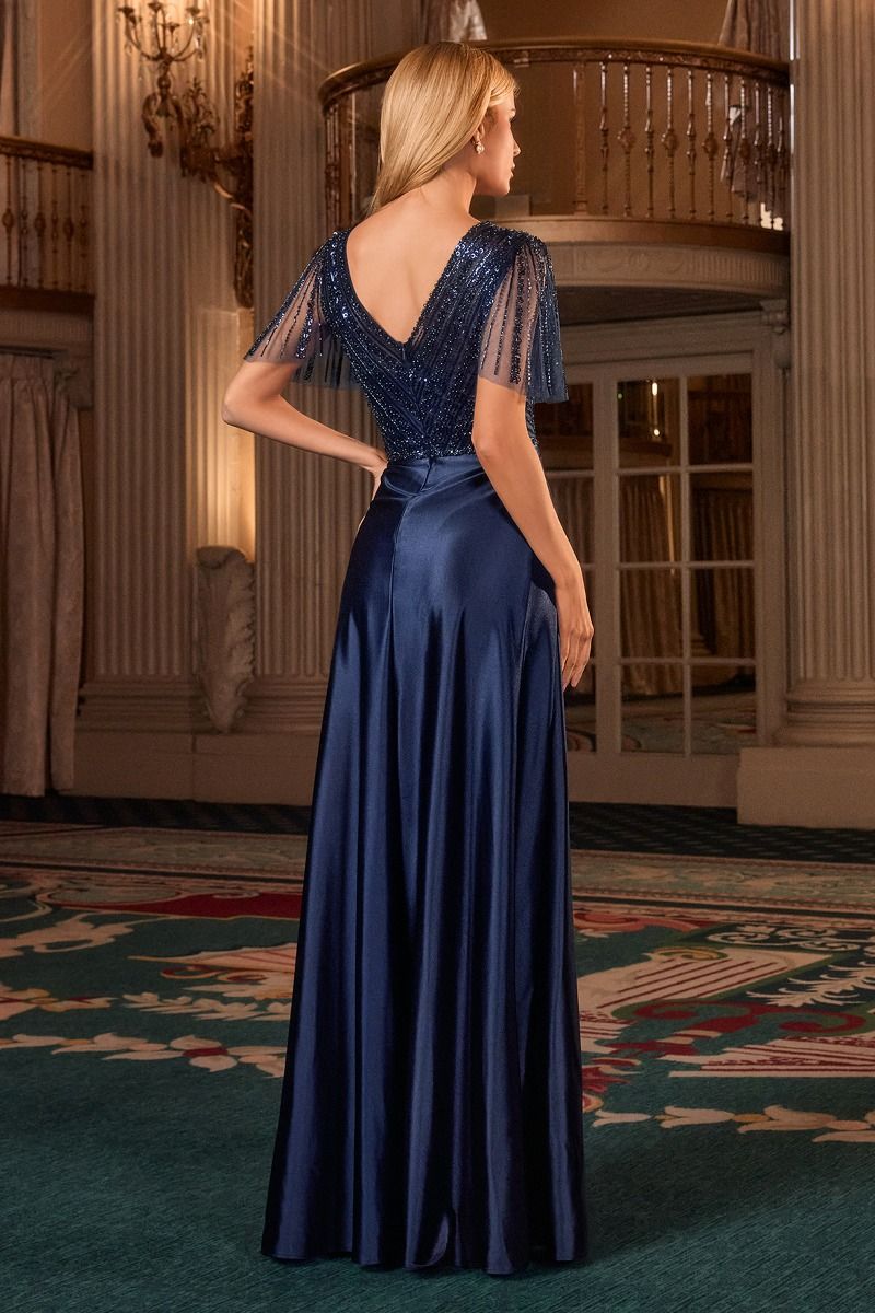 Cinderella Divine -CC447 Sleeve Satin A-Line Formal Gown