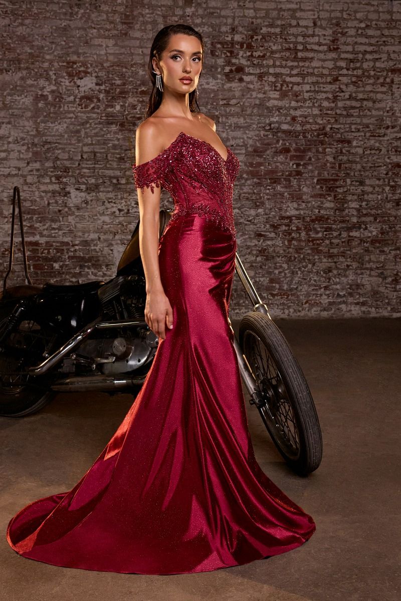 Cinderella Divine -CC456 Beaded Off Shoulder Slit Gown