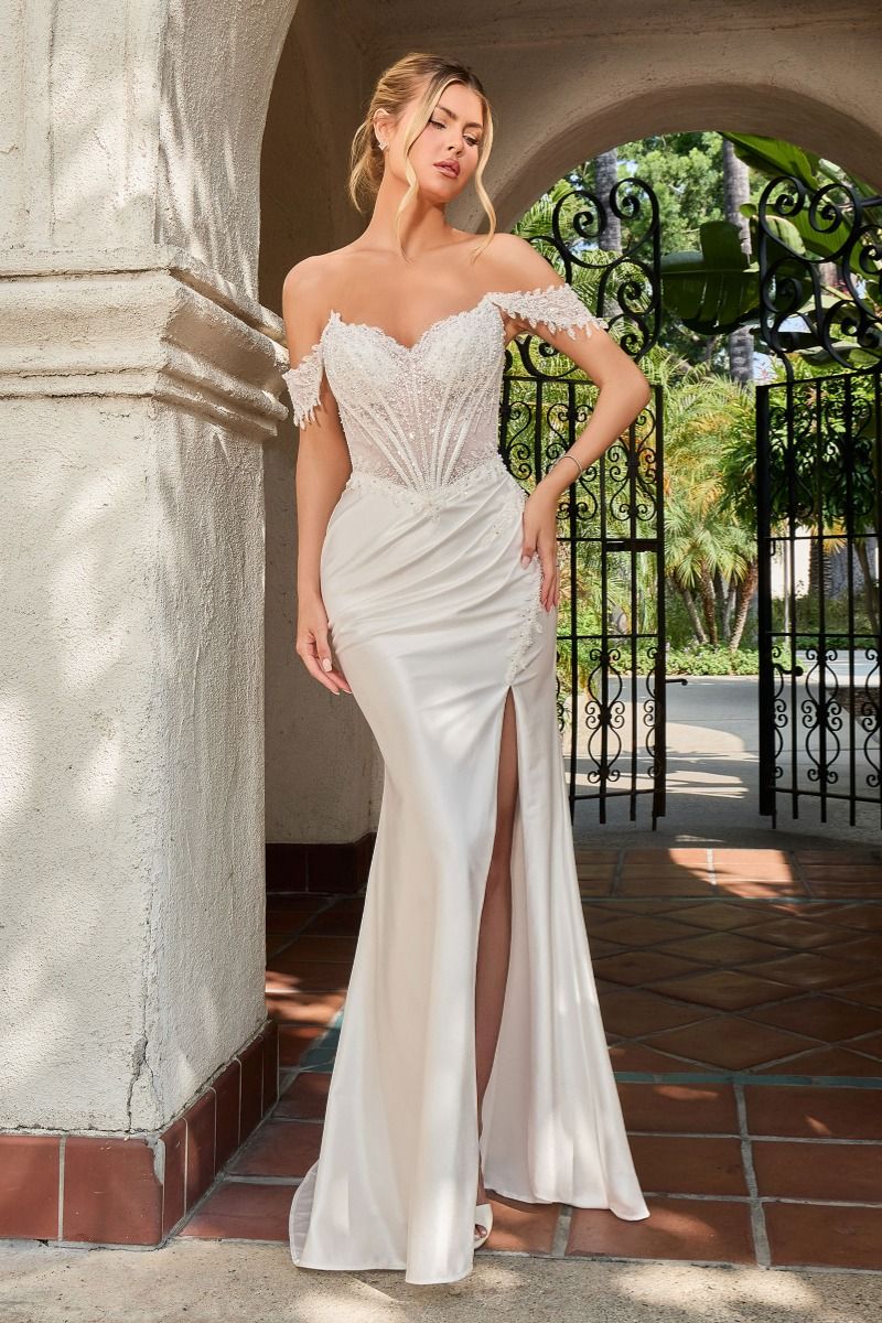Cinderella Divine -CC456W Off Shoulder Beaded Applique Wedding Dress