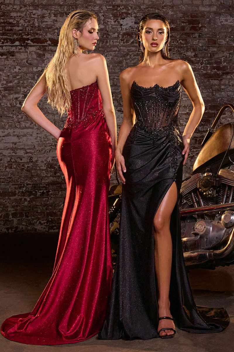 Cinderella Divine -CC463 Glitter Satin Strapless Slit Gown