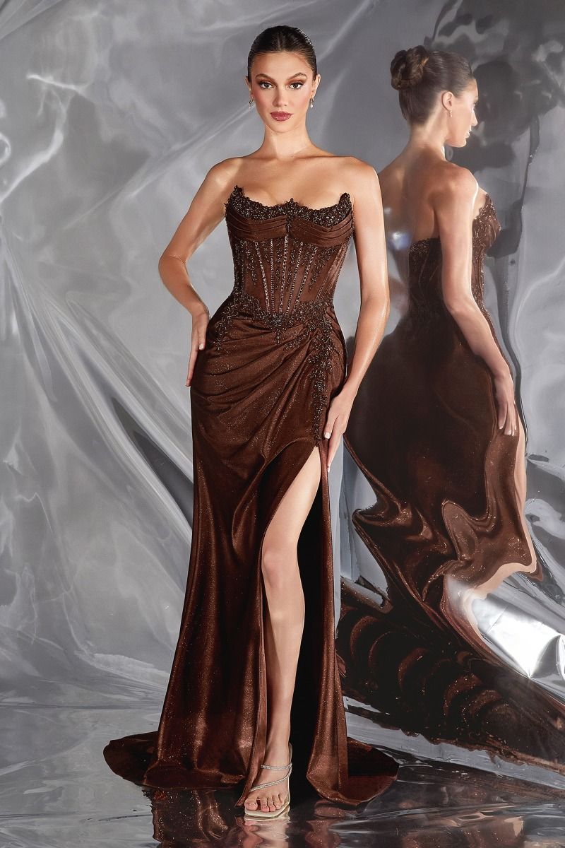 Cinderella Divine -CC463 Glitter Satin Strapless Slit Gown