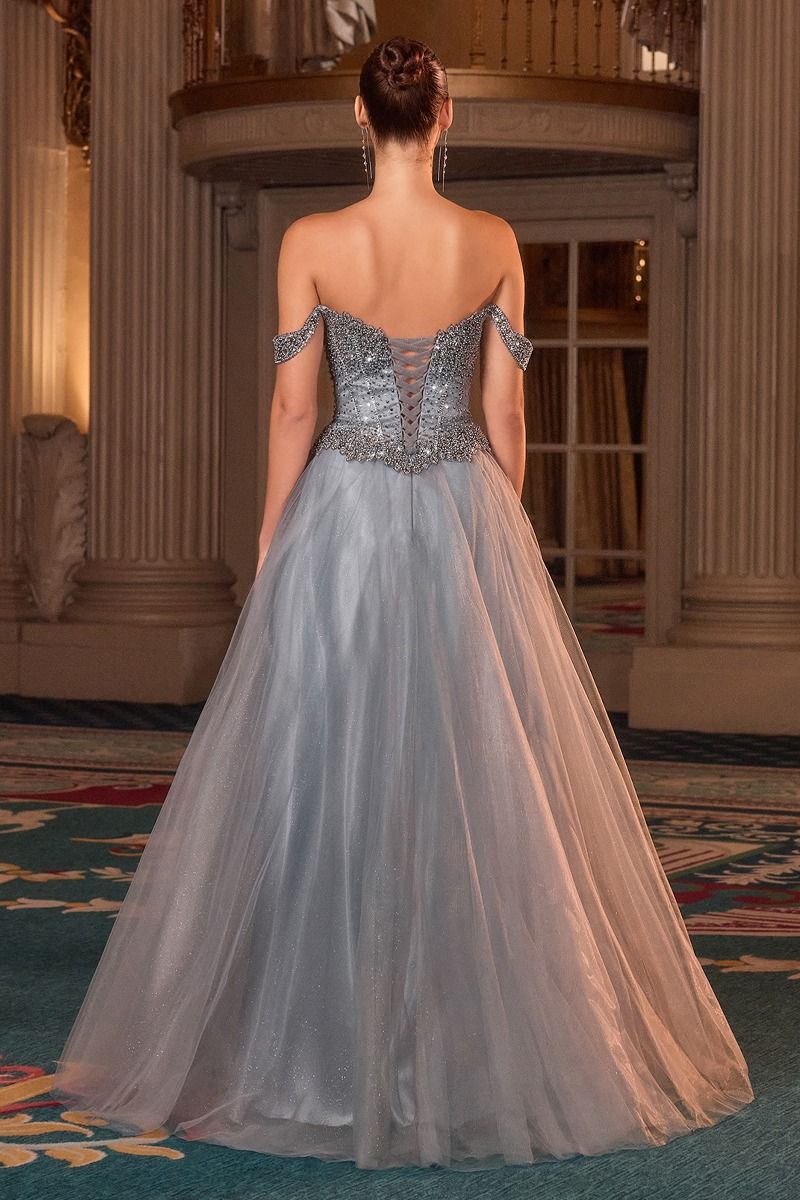 Cinderella Divine -CC471 Beaded Off Shoulder A-line Gown