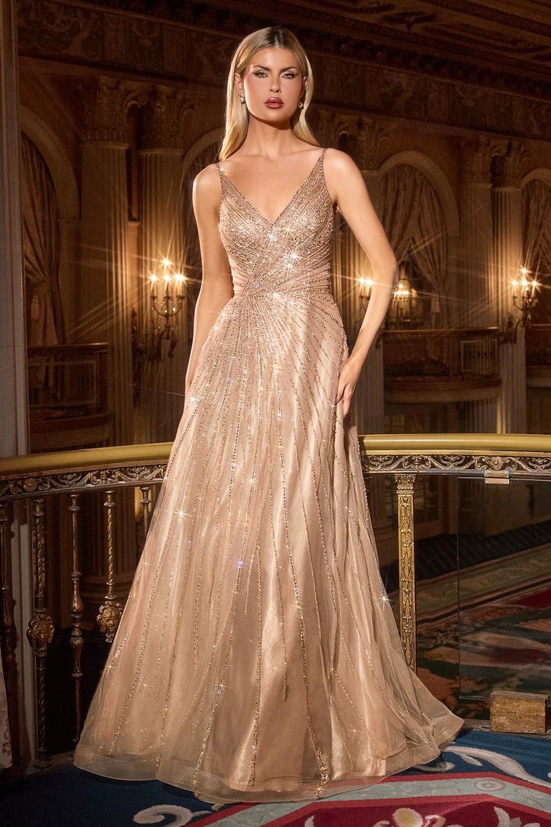 Cinderella Divine -CC474 Beaded V-Neck A-line Gown