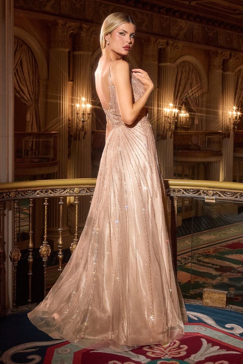 Cinderella Divine -CC474 Beaded V-Neck A-line Gown