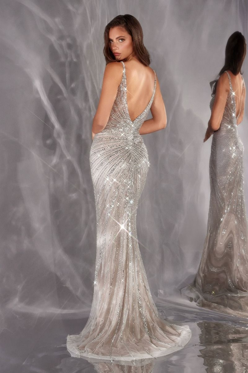 Cinderella Divine -CC498 Deep V-Neck Beaded Slit Sheath Prom Gown