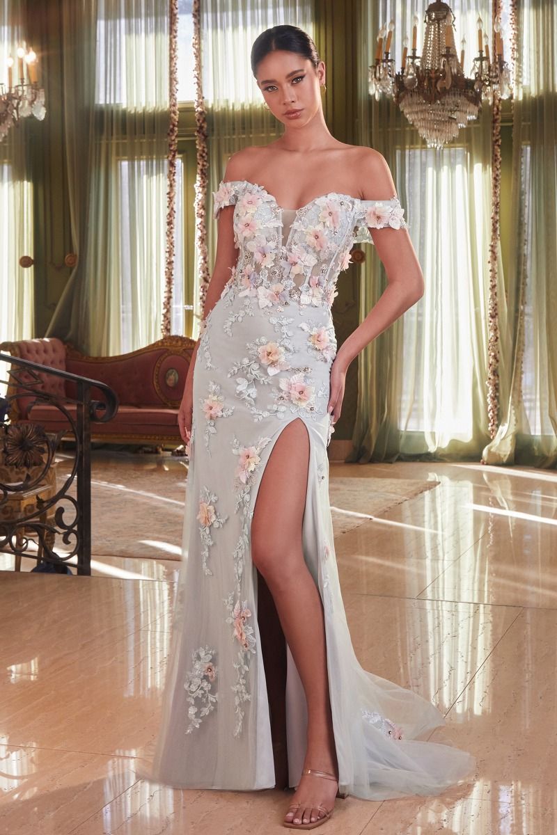 Cinderella Divine -CD005 Off Shoulder Floral Applique Sheath Dress