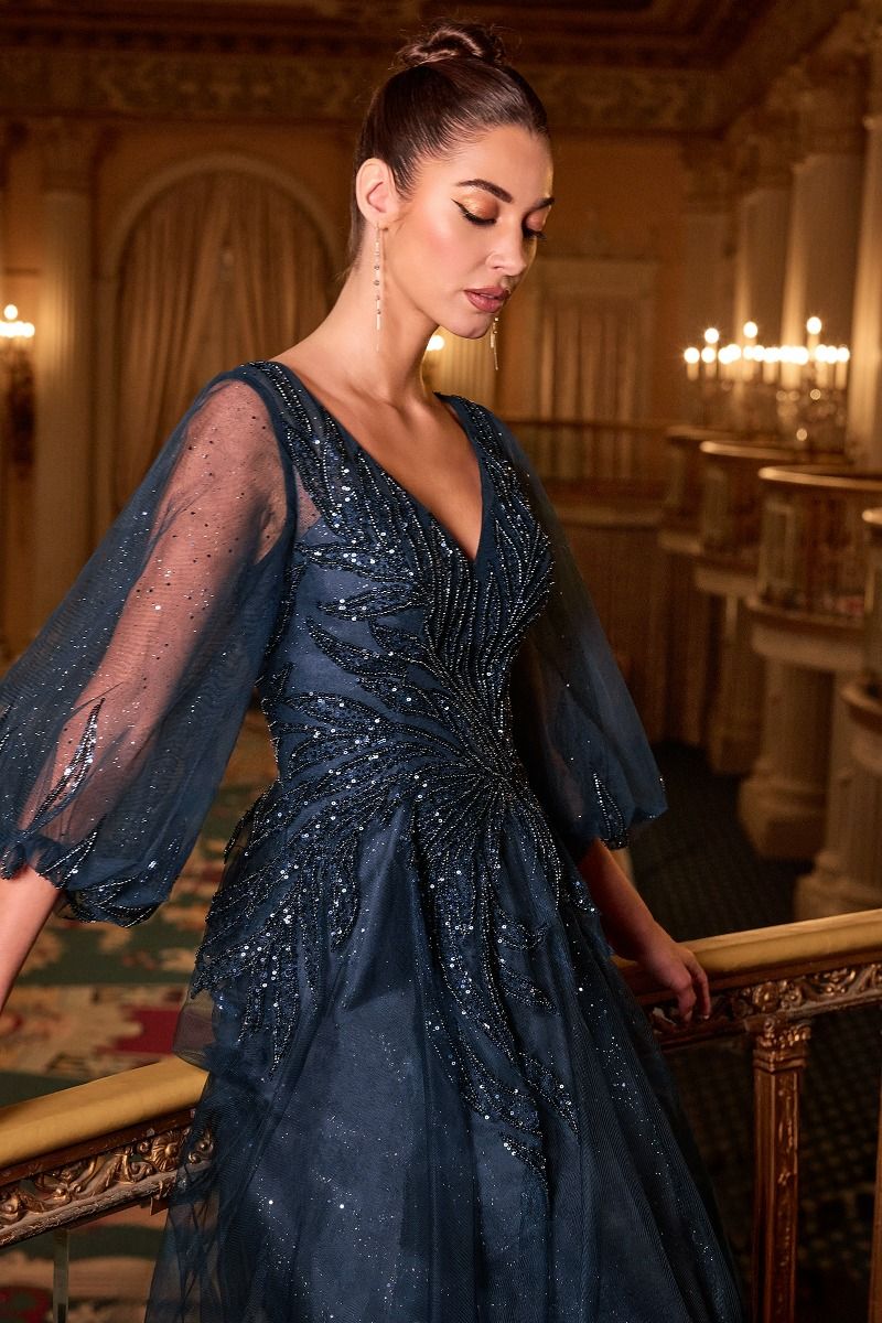 Cinderella Divine - CD0101 Beaded Embellish V-Neck A-line Long Gown.