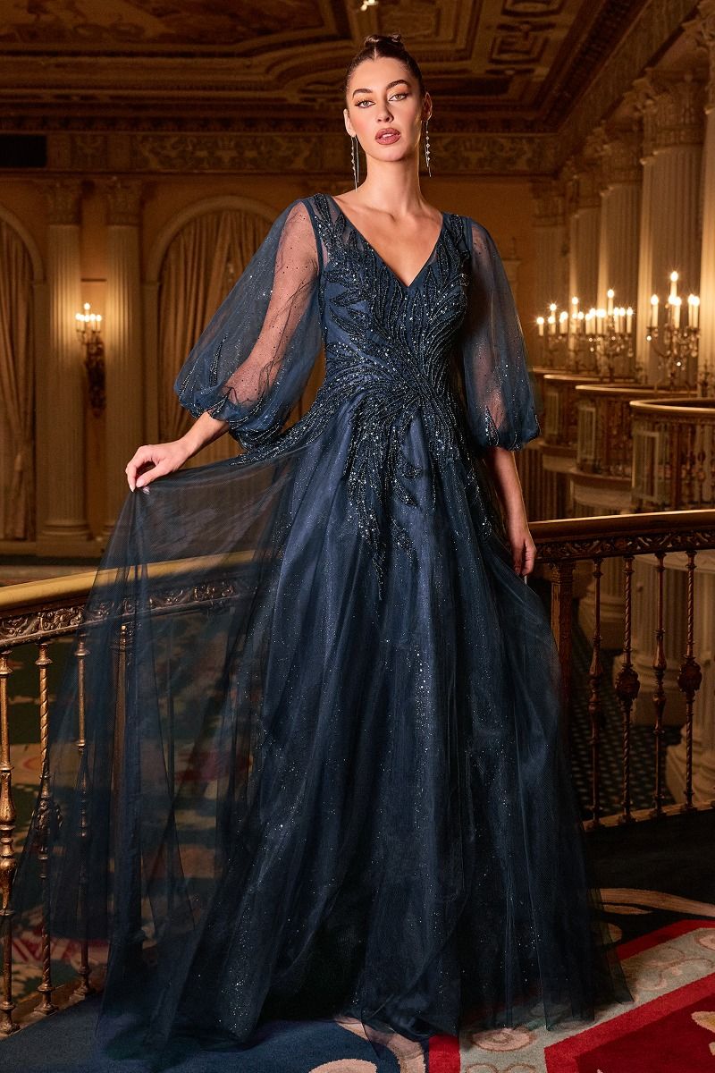 Cinderella Divine - CD0101 Beaded Embellish V-Neck A-line Long Gown.