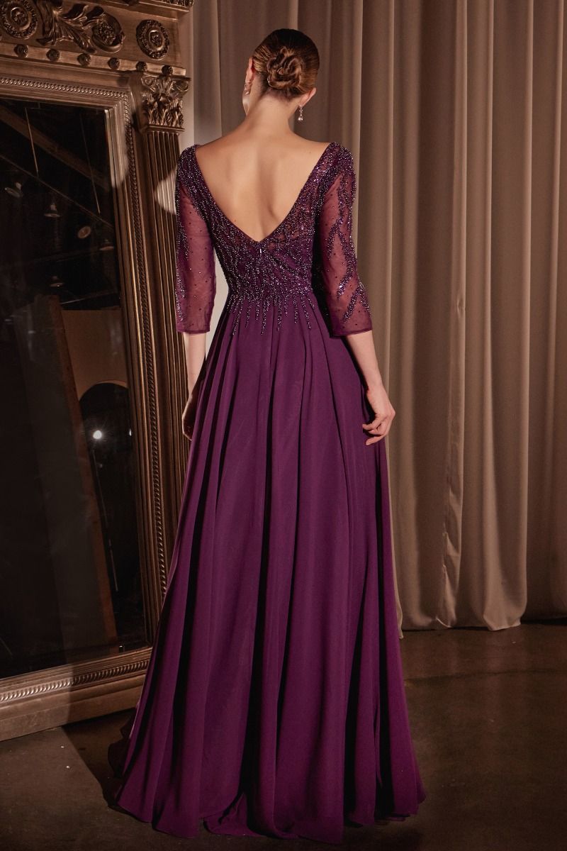 Flowy Chiffon A-Line Gown With Three-Quarter Sleeves And Trickle Embellished Bodice By Cinderella Divine -CD0171