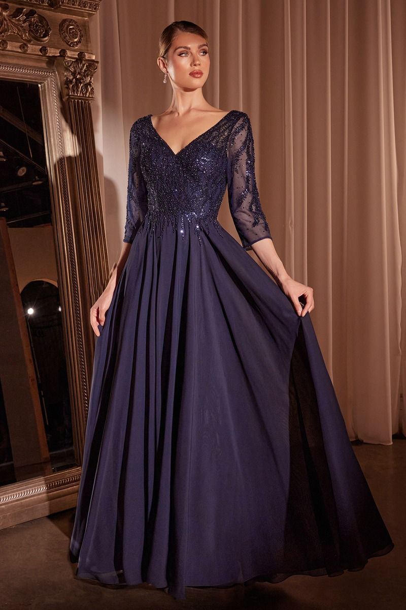 Flowy Chiffon A-Line Gown With Three-Quarter Sleeves And Trickle Embellished Bodice By Cinderella Divine -CD0171