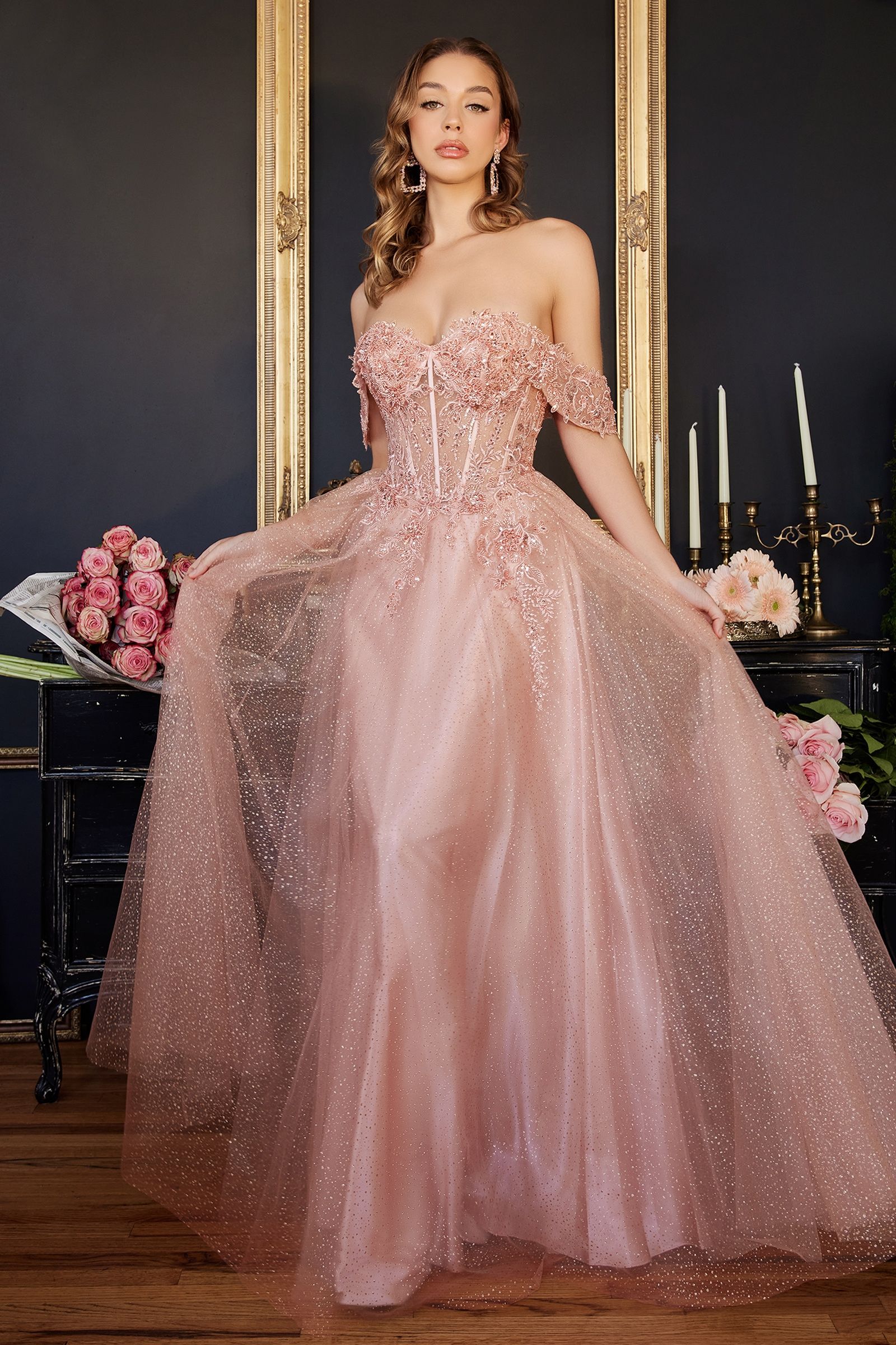 Lace A-Line Gown With Off The Shoulder Sleeves By Cinderella Divine -CD0198