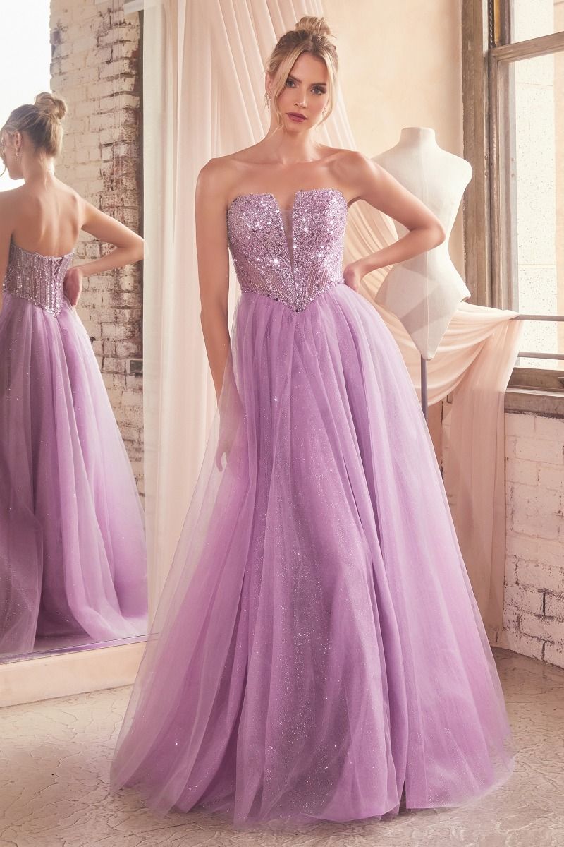 Strapless Sequin & Tulle A-Line Dress By Cinderella Divine -CD0217