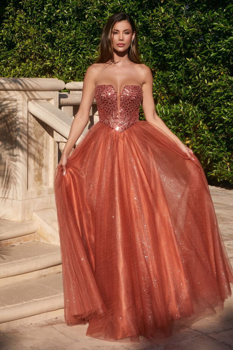 Strapless Sequin & Tulle A-Line Dress By Cinderella Divine -CD0217