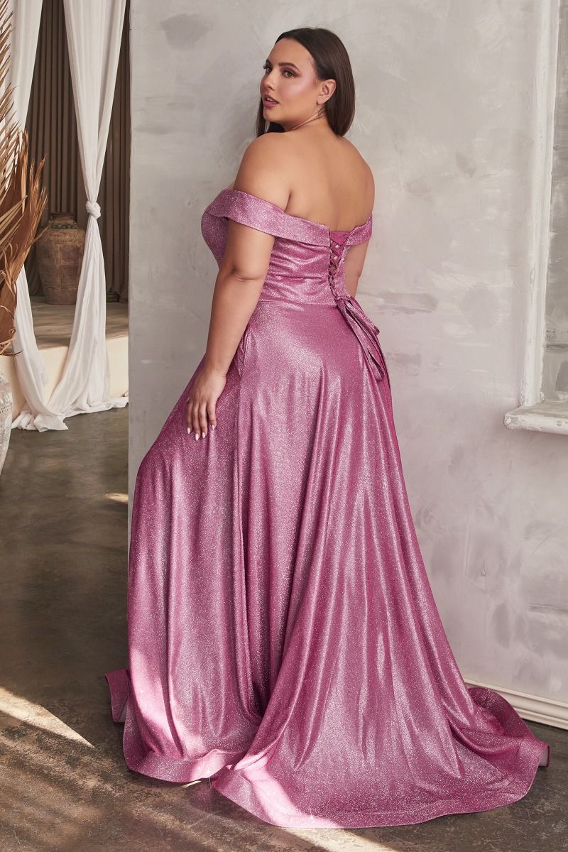 Off The Shoulder A-Line Cap Sleeves Gown With Metallic Glitter Finish And Lace Up Back by Cinderella Divine -CD210C