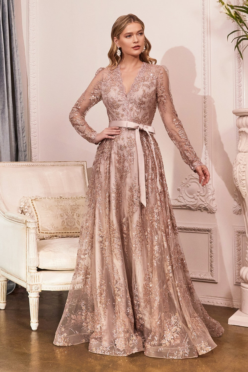 Clearance Sale -Embellished Long Sleeve Gown By Cinderella Divine -CD233