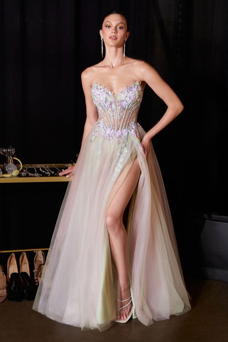 Cinderella Divine -CD2418 Applique Strapless A-line Slit Gown