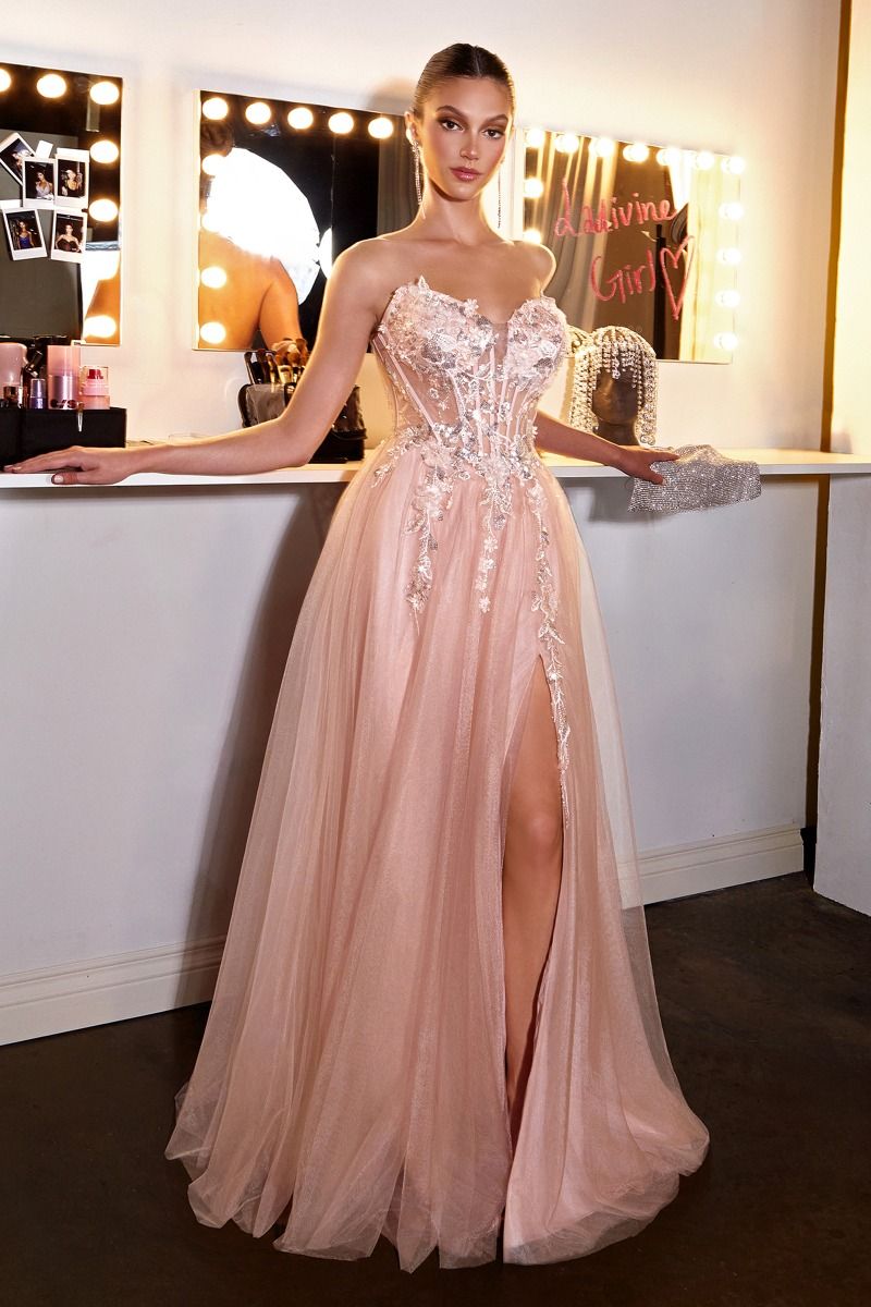Cinderella Divine -CD2426 Floral Plunging Sweetheart A-Line Prom Gown