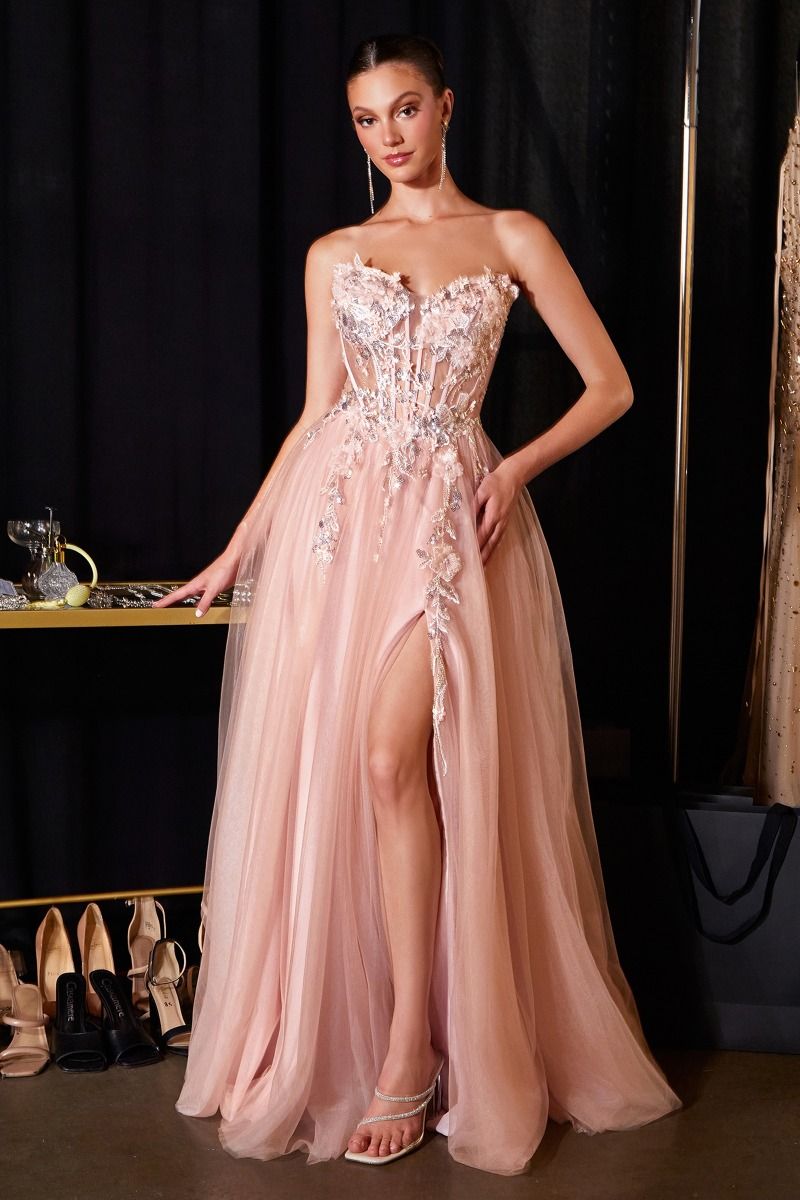 Cinderella Divine -CD2426 Floral Plunging Sweetheart A-Line Prom Gown