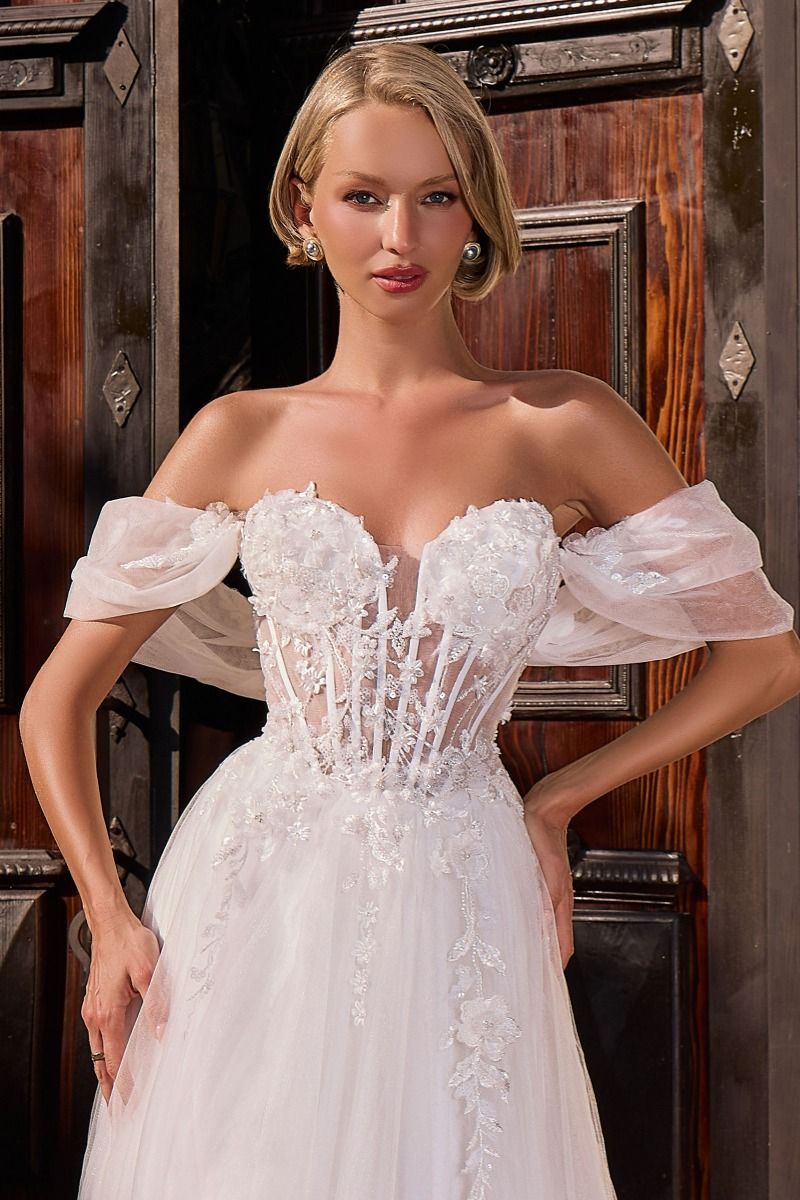 Cinderella Divine -CD2426W Floral Applique Off Shoulder Bridal Gown