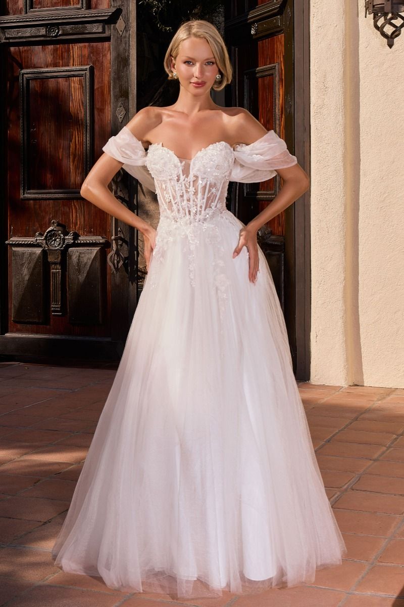 Cinderella Divine -CD2426W Floral Applique Off Shoulder Bridal Gown