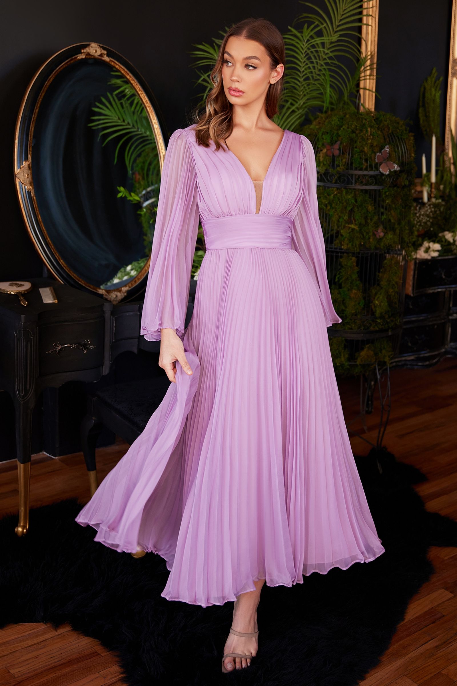 Pleated Chiffon Long Sleeve Tea Length Gown By Cinderella Divine -CD242S