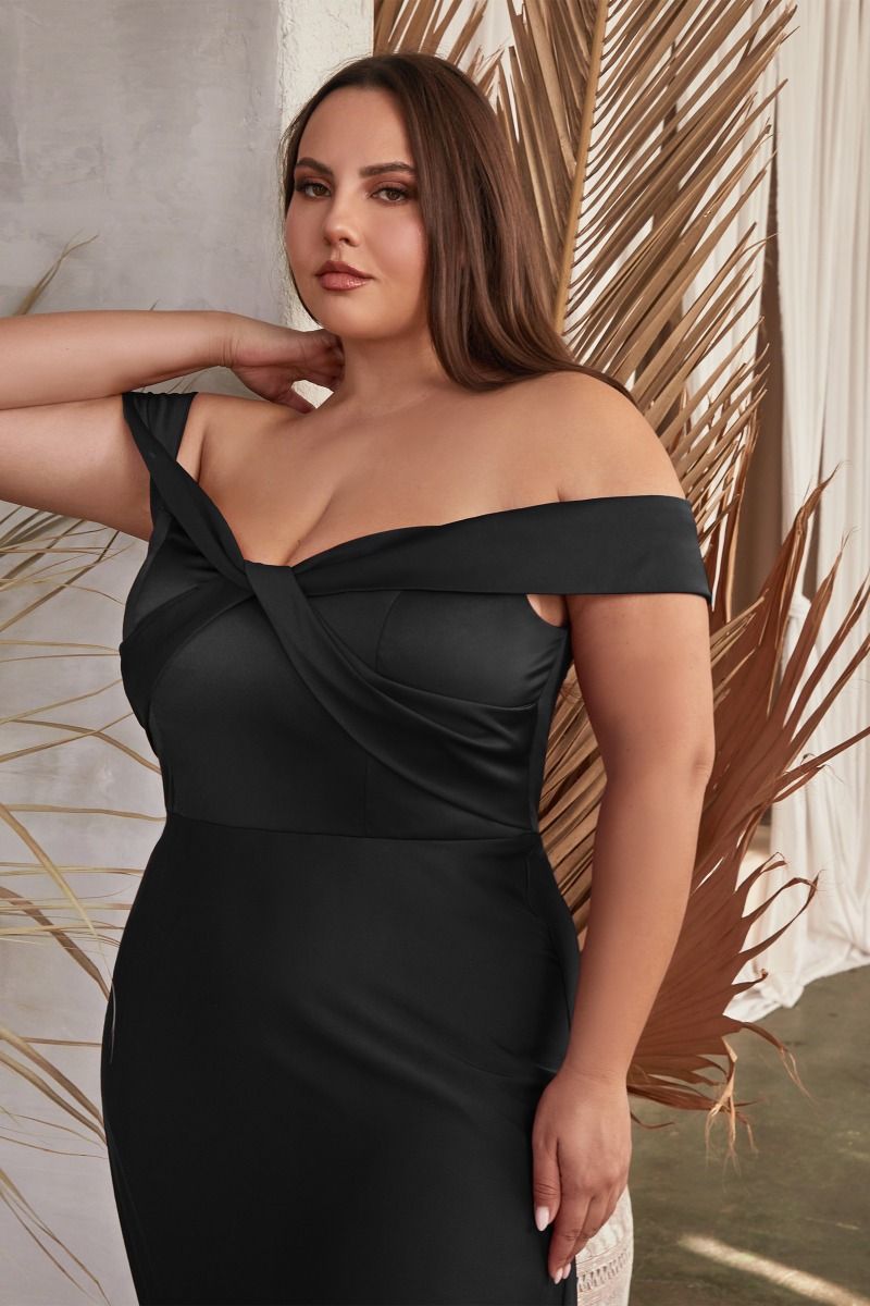 Cinderella Divine -CD325C Curved Off Shoulder Satin A-Line Dress