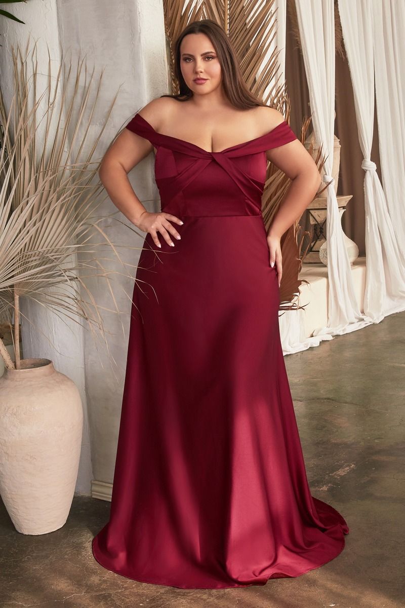 Cinderella Divine -CD325C Curved Off Shoulder Satin A-Line Dress