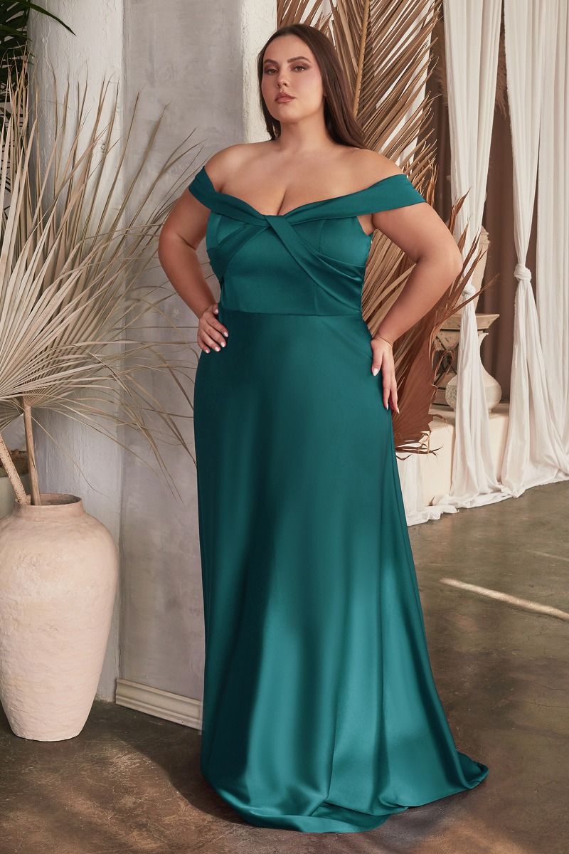 Cinderella Divine -CD325C Curved Off Shoulder Satin A-Line Dress