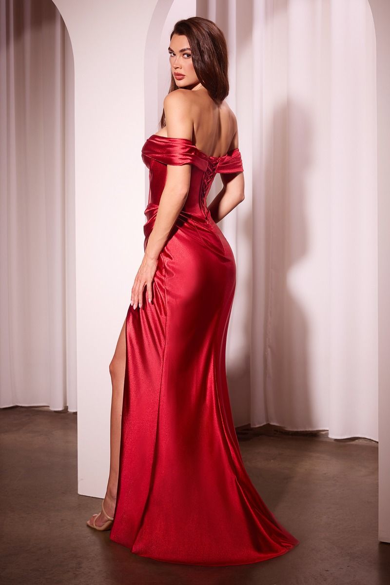 Cinderella Divine -CD370 Off Shoulder Corset Satin Sheath Dress