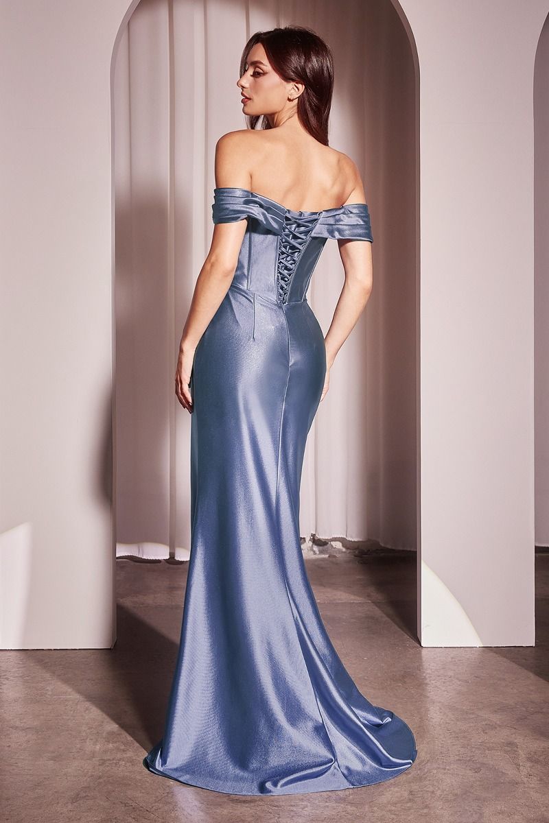 Cinderella Divine -CD370 Off Shoulder Corset Satin Sheath Dress