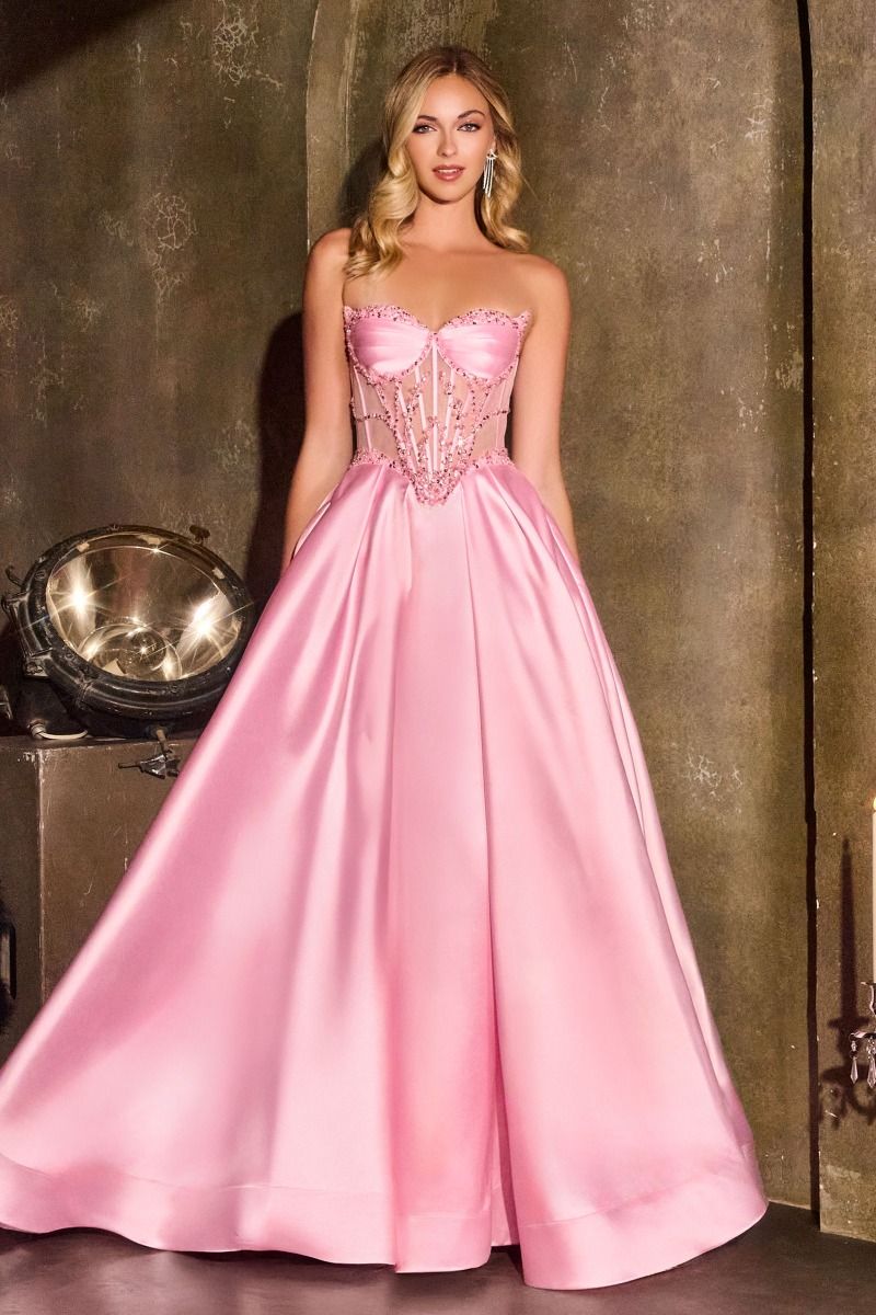 Cinderella Divine -CD389 A-line gown with strapless sweetheart bodice and intricate beaded work.