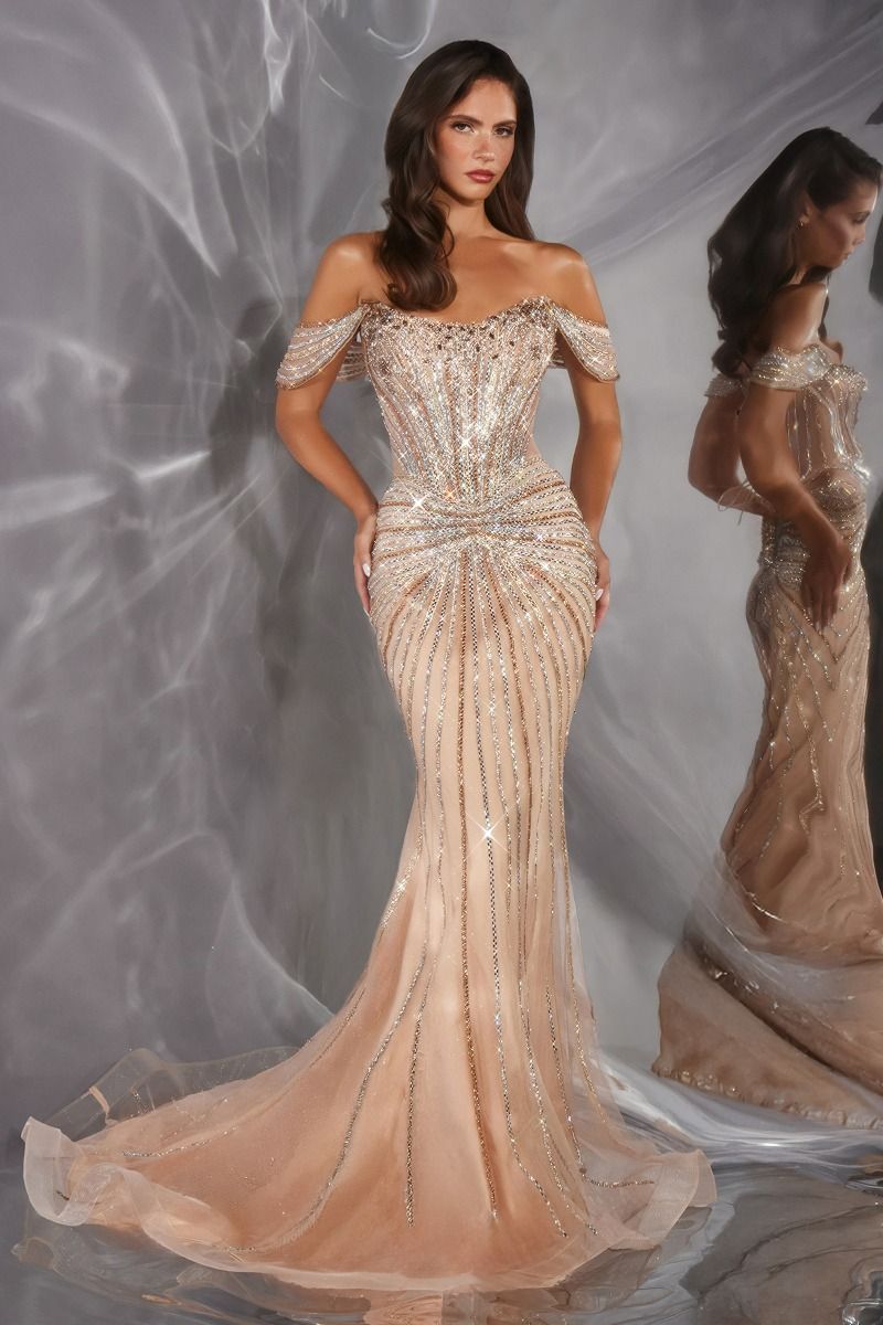 Cinderella Divine -CD654 Beaded Fitted Off Shoulder Mermaid Gown