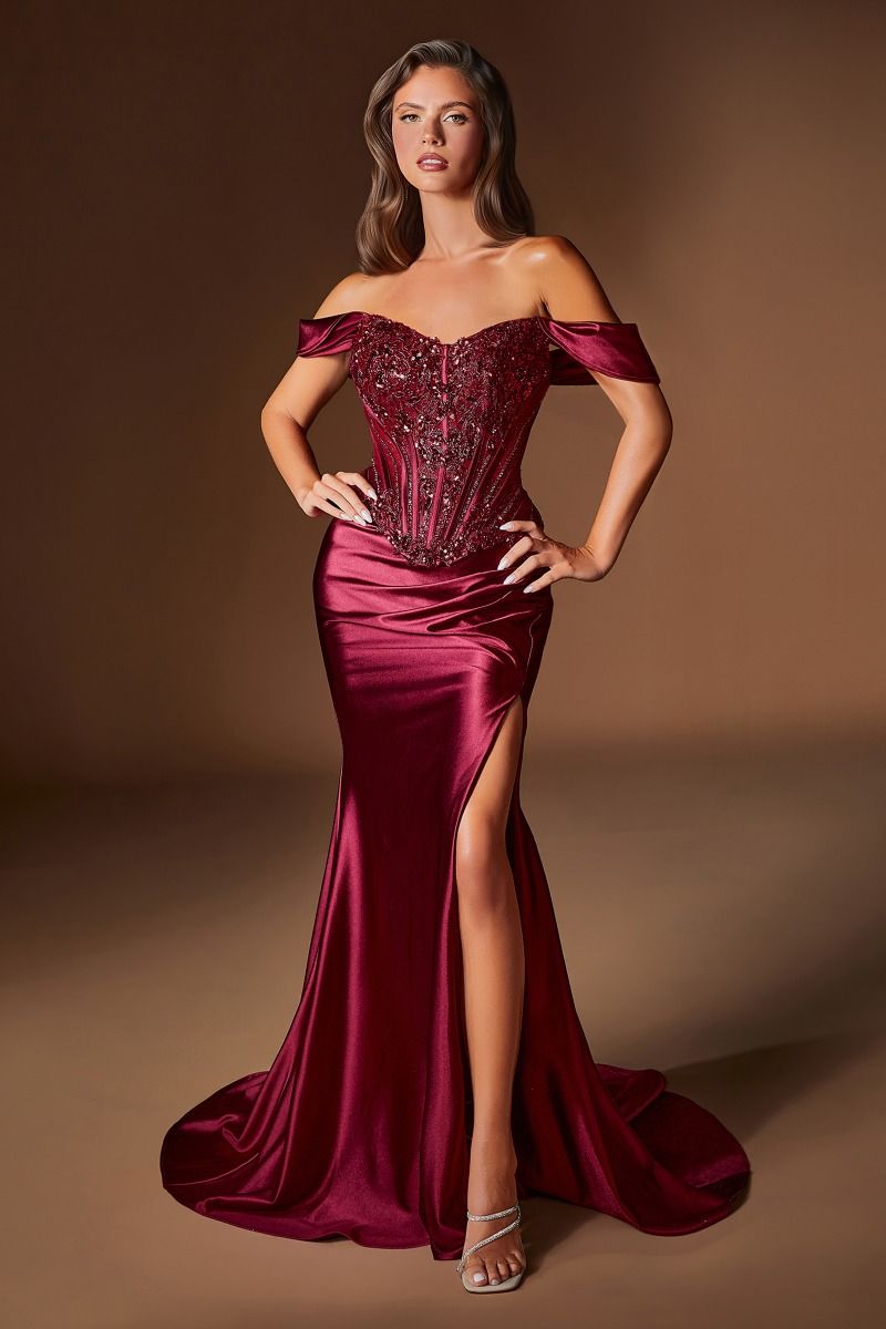 Cinderella Divine -CD656 Beaded Corset Off Shoulder Sheath Prom Gown