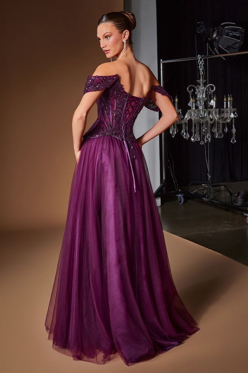 Cinderella Divine -CD657 Embroidered Applique Off Shoulder A-line Gown