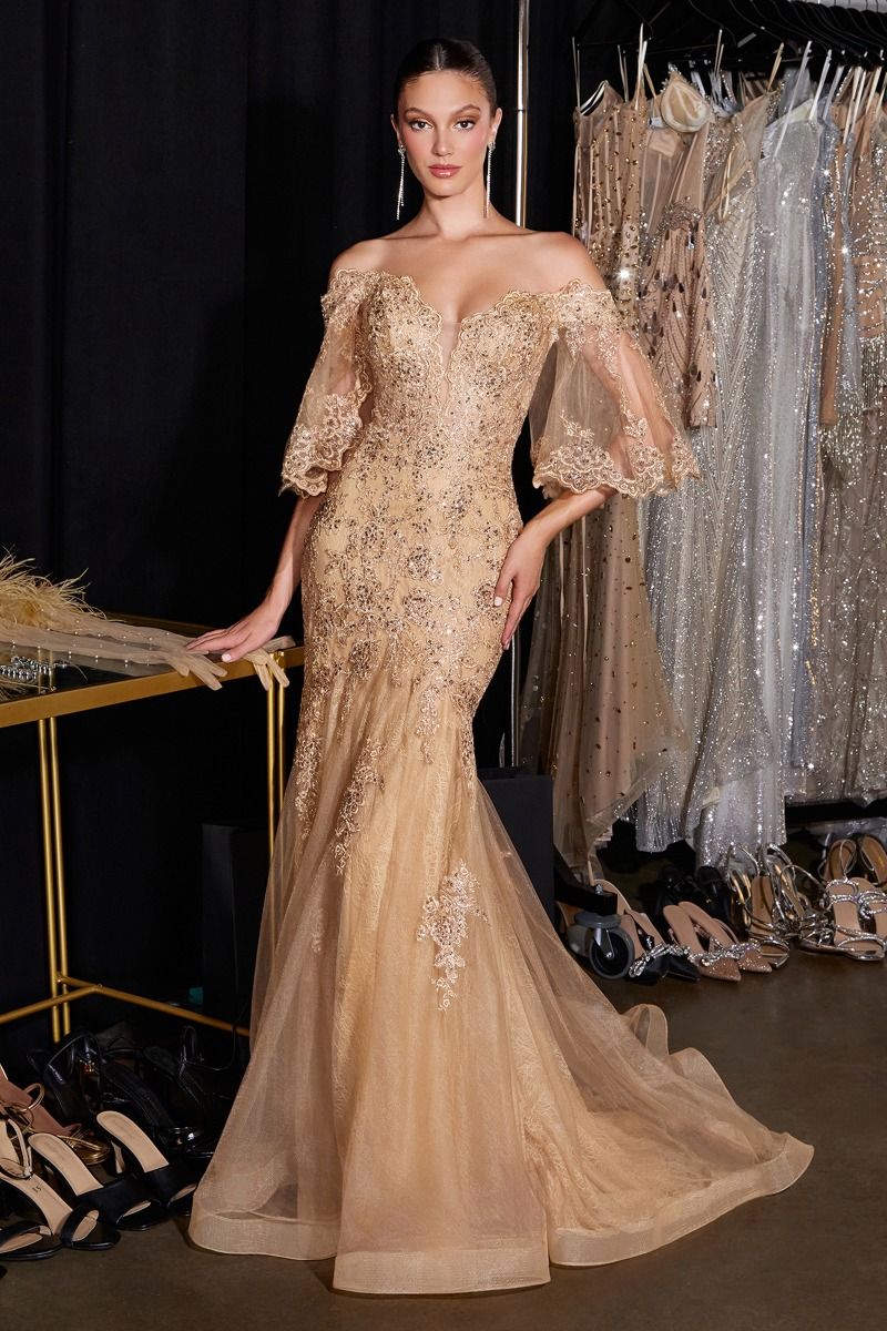 Cinderella Divine -CD659 Embroidered Off-the-shoulder Mermaid Prom Gown