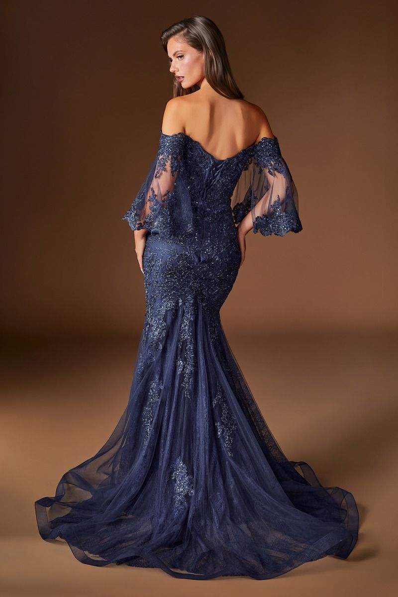 Cinderella Divine -CD659 Embroidered Off-the-shoulder Mermaid Prom Gown