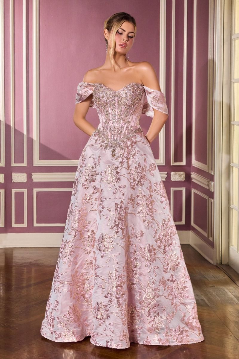 Cinderella Divine -CD682 Off shoulder neckline with crystal-embellished bodice and metallic floral skirt