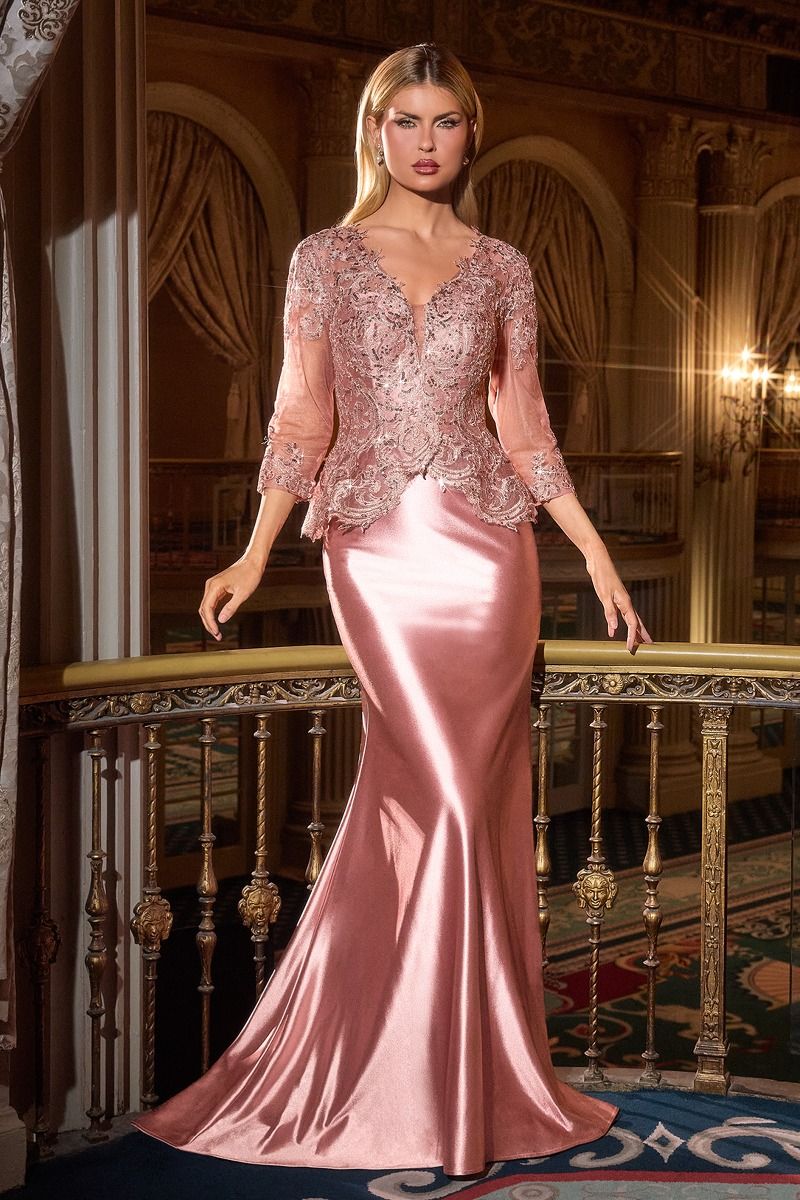 Cinderella Divine -CD720 Applique Fitted V-neck Sleeve Gown