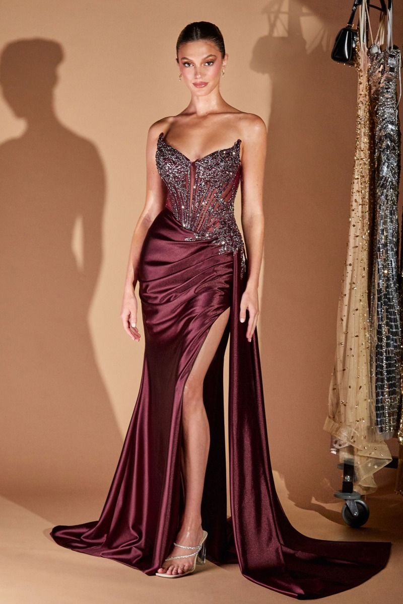 Cinderella Divine -CD722 Beaded Sweetheart Satin Long Gown