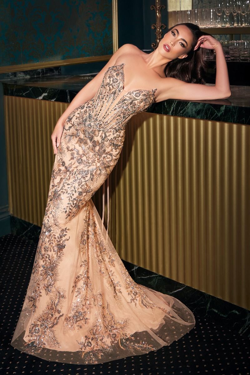 Cinderella Divine -CD723 Plunging Neckline & Beaded Floral Strapless Sweetheart A Line Long Gown