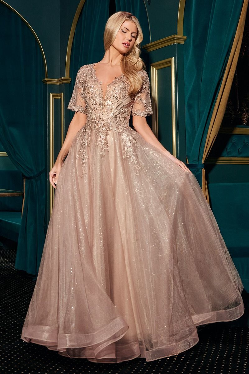 Cinderella Divine -CD726 Deep V-neck Applique A Line Gown