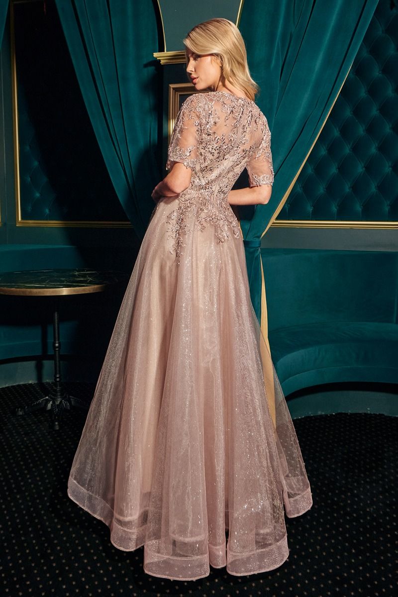 Cinderella Divine -CD726 Deep V-neck Applique A Line Gown